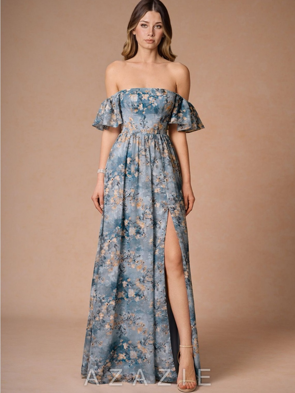 Azazie Blue Floral Strapless Evening Gown